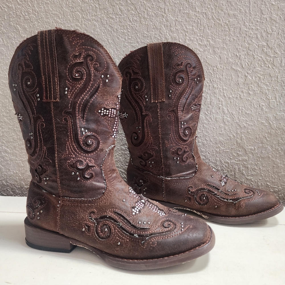Roper Kids Faith Bling Cross Western Cowboy Cowgirl Brown Boots,‎ Sz 2